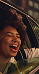Night, shouting and happy woman in car, window and excited for city lights, journey and breeze. Evening, screaming or person in vehicle, transport or adventure in urban town and passenger in New York