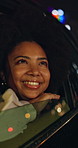 Night, vacation or woman with smile in car for travel, sightseeing or watch city lights in New York. Holiday destination, smile or tourist in vehicle for late journey, appreciate town or urban view