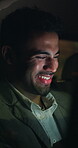 Night, laugh or man in car with message, online chat or notification on dating app. Reading, digital or male person in vehicle with technology, romance match or partner search in late evening commute