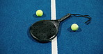 Sports, racket and ground with ball for padel fitness, competition and tournament on turf pitch. Tennis, gear and floor in arena for exercise contest, match practice and equipment for game challenge