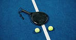 Padel, court and balls for sports above, competition and game on turf for training in arena. Tennis, gear and equipment with racket on floor for exercise, practice or match with top view for fitness