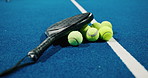 Padel gear, empty court and balls for sports, competition and game on turf pitch for training. Tennis, equipment and racket on floor in arena for exercise, practice and match with fitness in club