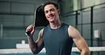 Smile, padel and face with man on court for workout, competition and tournament practice. Contest, challenge and athlete training with person sports club for turf match, portrait and fitness health