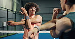 Men, warm up and stretching in court, fitness and getting ready for tournament with personal trainer. Tennis player, wellness and exercise for competition preparation, talking and people with routine