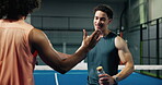 Happy, people and handshake on court for padel practice, discussion or achievement for tournament match. Men, smile or shaking hands at sports club for tennis competition, game win or accomplishment.