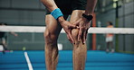Man, hands and knee injury with pain on padel court for sport accident, emergency or muscle tension. Closeup, male person or player with sore bone, bruise or strain for joint inflammation or pressure