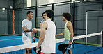 Handshake, team and men on padel court for training, workout or match with tournament. Active, shaking hands and male athletes at racket game, practice or exercise for fitness at indoor sports center