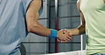 Handshake, hands and men on padel court for training, workout or match with fitness tournament. Active, shaking hands and male athletes at racket game, practice or exercise at indoor sports center.