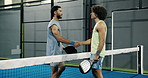 Shaking hands, fitness and men on padel court for training, workout or match with tournament. Active, handshake and male athletes at racket game, practice or exercise at indoor sports center.