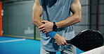 Man, hands or elbow pain with injury on padel court for sport accident, emergency or muscle tension. Closeup, player or sore bone with bat, bruise or strain for joint inflammation, sprain or pressure