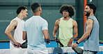 Padel, sports and men talking at court about game, match and exercise tips for competition. Tennis players, group and discussion with friends for fitness, tournament and chat for advice at club