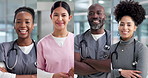 Face, doctors and happy people in hospital, collage and medical service with about us. Professional, man and women in clinic, healthcare team and arms crossed with smile, diversity and support
