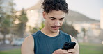 Exercise, outdoor and man with cellphone, smile and digital app to track progress. Happy person, fitness or athlete in city, smartphone or internet for social media, funny meme and message to contact