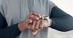 Hands, athlete and smart watch for fitness outdoor for heart rate, exercise and monitor progress. Closeup, person and wristwatch for time, tracking performance and training results for competition