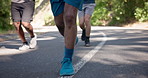 Fitness, club or legs on road with running, exercise or support in cardio workout. Energy, wellness challenge or people outdoor with jog, training together or marathon motivation for sports goal.