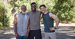 Face, men and hug outdoor for fitness, health or solidarity together with friends laughing on road. Happy people, group and athletes with wellness, exercise and portrait of funny team with support