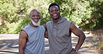 Face, smile or old man in park with instructor, assistance or connection in hobby together. Laugh, fitness or people in nature with coach, exercise support and guidance in retirement activity.