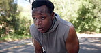 Fitness, rest or black man outdoor with breathing, cardio challenge or break in intense practice. Tired, burnout or athlete in park with exercise, training fatigue or recovery for performance goals.