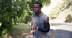 Running, road and fitness with black man outdoor for performance, cardio challenge and health. Workout, wellness and runner exercise with person in nature for stamina training, sports and athlete