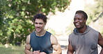 Fitness, friends or men in nature with running, exercise or support in cardio workout. Energy, wellness challenge or people outdoor with jog, training together or marathon motivation for sports goal.