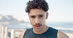 Fitness, face or man at promenade with rest, cardio challenge or breathing break in intense practice. Tired, burnout or athlete at beach with exercise, fatigue and recovery for performance goals.