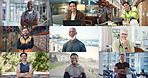 Montage, career and face of men in workplace for shipping, personal trainer and healthcare service. Series, collage and portrait of happy workers for planning, logistics or business options in office