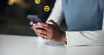 Hands, phone and emoji overlay at office with texting, contact or symbol for love, party and web chat. Person, night and smartphone with mobile app, sign or icon with social media at creative agency