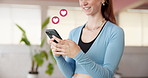 Hands, smartphone and overlay with heart emoji, click and happy with chat for online dating at gym. Person, smile and typing with sign, icon or mobile app with symbol on social media with fitness