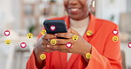 Office, emojis and hands with smartphone, texting and communication with contact on social media app. Business, employee and person with technology for message, chat and online with digital reaction
