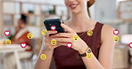 Office, emojis and hands with smartphone, network and communication with contact on social media app. Business, employee and person with technology for message, chat and texting with digital reaction
