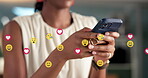 Message, emojis and hands with smartphone, office and communication with contact on social media app. Business, employee and person with technology for chat, network and texting with digital reaction