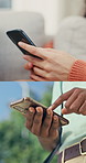 Hands, phone and series with people on location for communication, social media or typing. App, internet search and text message with women online for mobile scrolling, planning or travel research