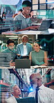 People, tech and overlay with montage in workplace, laptop and career variety with hologram charts. Men, woman and review with tablet with application, logistics or futuristic ux with graphs for job