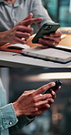 Hands, phone and series with business people in office for communication, social media or typing. App, search and text message with employees in workplace for scrolling, planning or research