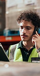 Man, tablet and phone call at warehouse for logistics, application and insight with inventory management report. Person, tech and talk with feedback, storage and supply chain at distribution plant