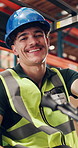 Face, forklift and man in warehouse, smile and logistics with delivery schedule. Happy, employee and professional in factory, supply chain or vehicle depot for shipping inventory and stock management