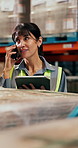 Woman, warehouse and tablet with phone call for inventory or stock checklist in storage depot. Female person, employee or talking with mobile smartphone for shipping, quality assurance or logistics
