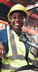 Face, forklift and black woman in workplace, smile and logistics with stock management. Happy, employee and African person in warehouse, supply chain or vehicle depot for shipping inventory or helmet