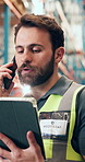 Logistics, phone call or man with tablet in warehouse, shipment coordination or dispatch instructions. Tech, talk or happy manager with distribution directions for export, cargo or delivery schedule