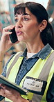 Logistics, phone call and woman with tablet in warehouse, shipment coordination and instructions. Tech, talking and mature manager with distribution directions for export, cargo and freight delivery