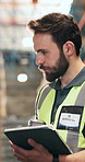 Businessman, inventory or warehouse with tablet for stock price or checklist in storage depot. Man, supplier or distributor with technology, scanner or supply chain for logistics or quality assurance