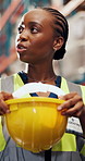 Logistics, speaker and woman with helmet in warehouse, safety training and compliance regulations. Talk, accident prevention workshop or black person with depot rules, briefing or equipment education