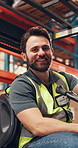 Happy man, face and operator with forklifter in warehouse for cargo transportation or distribution. Portrait, male person or distributor with smile in vehicle for supply chain, logistics or storage
