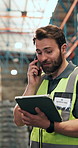 Logistics, phone call or man with tablet in depot, shipment coordination or dispatch instructions. Warehouse, talk or manager with distribution directions for cargo export, tech or delivery schedule