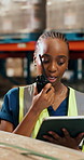 Woman, warehouse and tablet with radio for inventory or stock checklist in storage depot. Female person, employee or talking with technology for shipping, quality assurance or security in logistics