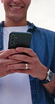 Person, hands and scroll outdoor with phone for website, viral social media video and funny text message. Man, laughing and browsing with tech, mobile app and online communication for internet meme.