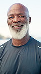 Fitness, mature and face of black man in city for exercise, training and workout for wellness. Sports, athlete and portrait of person for challenge, health and active hobby for mobility outdoor