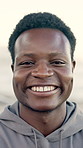 Fitness, happy and face of black man outdoor with smile for exercise, training and workout in city. Sports, runner and portrait of person for challenge, health and active hobby for wellness in town