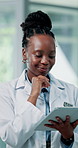 Thinking, doctor and black woman with tablet in hospital for patient report, diagnosis and planning. Healthcare, clinic and person on digital tech for medical research, surgery schedule and results