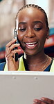 Logistics, phone call and woman with clipboard, warehouse and communication with supplier for stock. Shipping, supervisor and black person with checklist for goods distribution or talking with mobile
